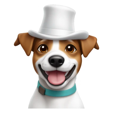 Hap3D dog Jack Russell with white and brown coloring. Like Memoji on iphone. And with a Happy birthday colored hat sticker
