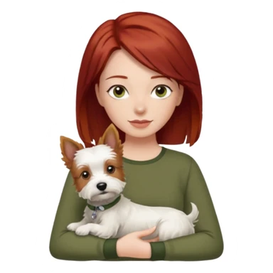 Westie dog being held by woman with dark shoulder length red hair and hazel eye wearing olive green top sticker