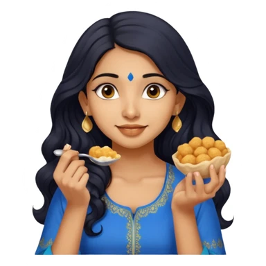 a pretty tan indian bratz girl with wavy long BLACK hair. eyeliner on, wearing a blue kurti, eating golgappa (without spoon) sticker