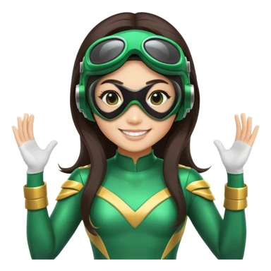 green Power Ranger, Asian girl with long straight dark brown hair, side part, big smile, scuba goggles sticker