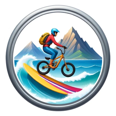 A bold, dynamic emblem combining elements of extreme sports like a mountain, a bike, surfing, ocean and a parachute, all within a circular or shield-like shape. The design conveys speed, adventure, with sharp lines and vibrant colors representing the thrill and intensity of extreme sports. sticker