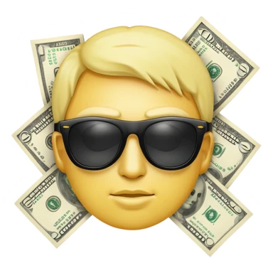 yellow head emoji with dollar bills for eyes, wearing slightly transparent black sunglasses, money symbols on face sticker