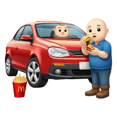 A dwarf eating McDonald's in front of a Volkswagen Eos. sticker