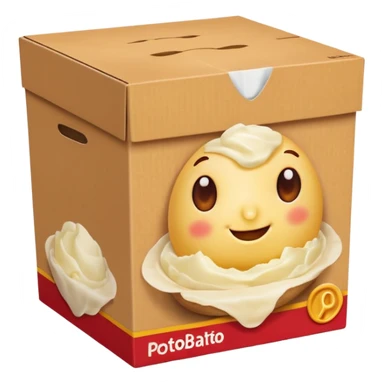 thick upright cardboard box warm yellow and red featuring smooth mashed potato image front no branding subtle potato motifs no visible bowl sachets closed box soft lighting transparent background emoji scale sticker
