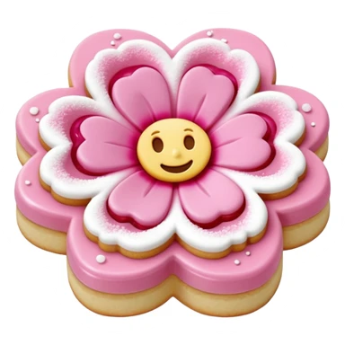 Realistic shortbread cookie in the shape of a camilia flower with pastel pink color jelly middle filling andkled powder sugar on top.emoj sprini sticker