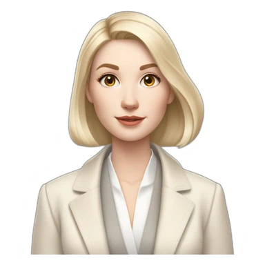 pale skin woman with ash blonde Straightened bob Hair, White Spacious classical jacket, beige palazzo Arrow pants and gray blouse holding white IPhone 14 pro in the hands sticker