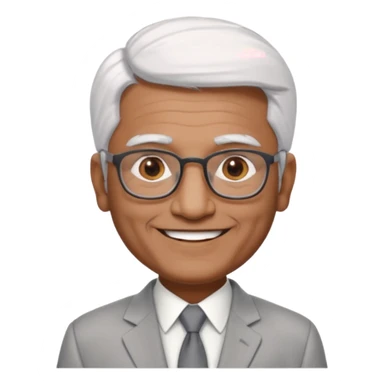 60 yr old indian man, short straight white hair brushed foreward , light grey business suit, big smile, dark brown skin, no moustache, dark brown eyes, glasses
 sticker