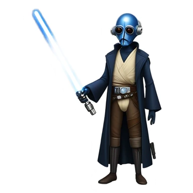 jedi first order human-sized darkblue-pearl friendly bounty hunter c3po droid wearing a leather wild west duster coat holding light saber ready to fight but relaxed. antique sticker
