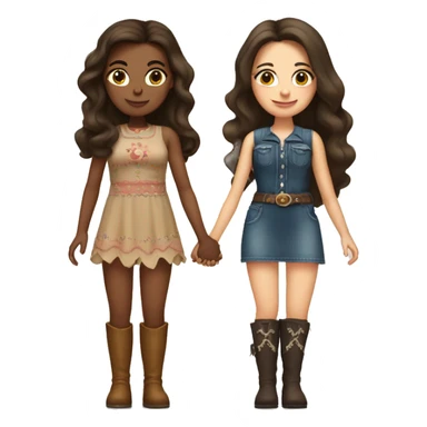 two brunette sisters, one with long hair, one with short hair. They are holding hands in cute mini dresses and cowboy boots sticker