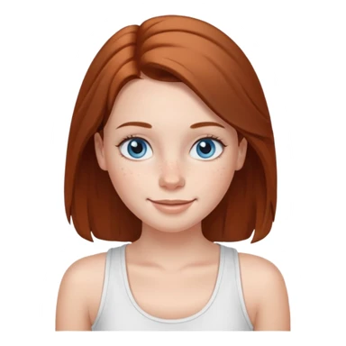 Una chica de tez blanca con pecas, nariz respingada, labios gruesos, ojos grandes color azul grisáceo, pelo largo, lacio, color castaño. Con una blusa de tirantes blanca. Que este sonriendo y q solo se vea de la cintura hacía arriba sticker