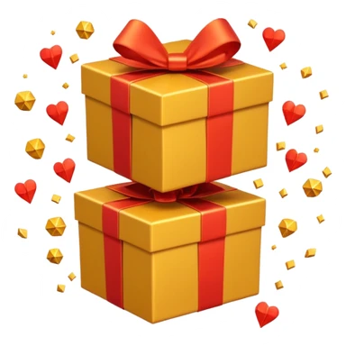 3D emoji style illustration of a big golden gift box with a shiny orange ribbon, a red off-road SUV car jumping out of the box, bright glowing orange background, small playing cards and sparkles flying around, no text, high resolution, square image sticker