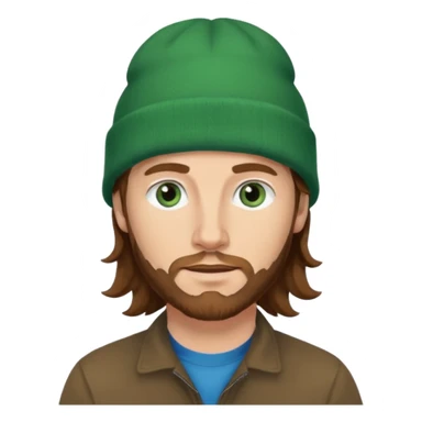 white man
aged 40
Blue eyes, 
mid length brown wavy hair
Green beanie hat sticker