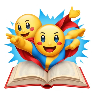 Create a vibrant emoji representing comic books and graphic novels. The design should feature a large, open comic book or vintage comic magazine with pages displaying classic comic art, with text. The comic pages should have bold, dynamic panels and action scenes. Include a pencil writing on the pages, but without a hand, to symbolize the artistic creation of comics. Use bright colors like red, blue, and yellow, with a retro feel to the design. Make the background transparent. sticker