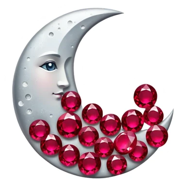 A glowing half-moon illuminates scattered rubies, blending lunar silver with deep crimson. The gemstones shimmer softly, creating a mystical and elegant scene. sticker