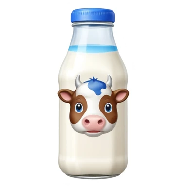 A 3D cartoon glass bottle of cow’s milk — white liquid, blue cap, clear reflections, Memoji-style rendering. sticker