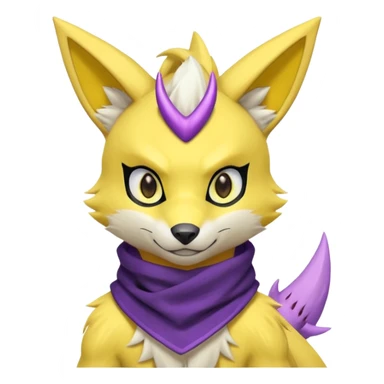Furry Anthropomorphic Yellow Renamon-Zeraora-Toxtricity-Lombax-Pokémon-Digimon-Fakémon-fusion with purple lightning-bolt-markings, and facial markings, black bandanna scarf sticker