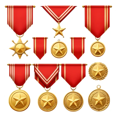 Icon for Collecting Orders, Medals & Badges: a variety of vintage orders, medals and badges, displayed neatly on a big red pennant or in a display case. The icon should reflect the honor and historical significance of these collectible items. Transparent background. sticker
