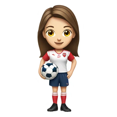 Pretty white woman with short brown hair holding a soccer ball and wearing an Arsenal jersey sticker