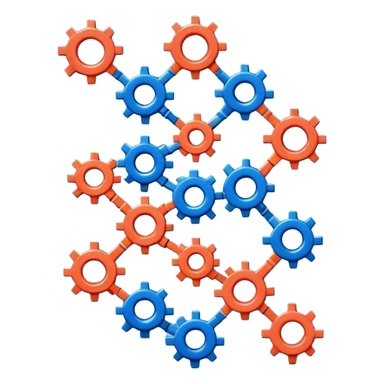 Modern minimal emoji: building blocks + connection flows + gear. Deep blue and coral colors. Professional no-code expert signature. Geometric clean style. sticker