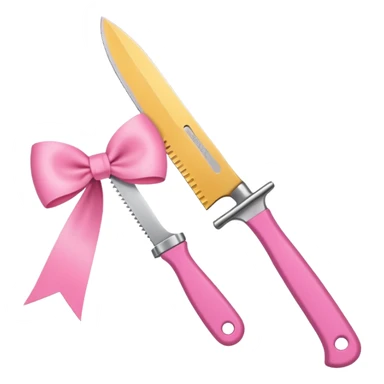 Only one object: a kitchen knife. A pink ribbon bow is tied directly on the knife handle. No other items. No decorations. Minimal emoji style sticker