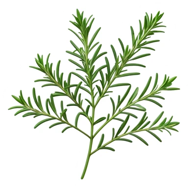 Cinematic Realistic Rosemary Emoji, Fragrant and fresh, with slender green stems covered in needle-like leaves, which release a distinctive herbal scent. The plant seems to exude energy, with soft sprigs of leaves stretching upwards. Soft glowing outline, capturing the essence of earthy healing and aromatic delight in a sprig of rosemary! sticker