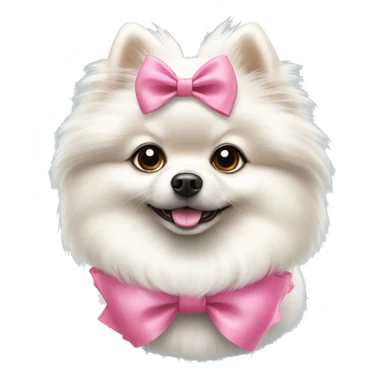 A white Pomeranian dog with a pink bow sticker