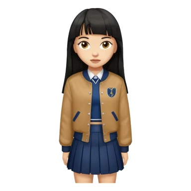 hair : black long hair with fringe 
skin : light 
cloth : brown varsity jacket + navy long long school girl skirt 


 sticker