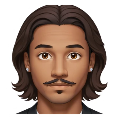 Young man with medium brown skin, mixed-race ethnicity, long wavy dark brown hair with an extremely precise center part exactly aligned with the middle of the face, hair parted perfectly symmetrically on both sides, mustache separated from goatee, medium brown eyes, small diamond stud earrings, floating head only with absolutely no shoulders or neck visible sticker