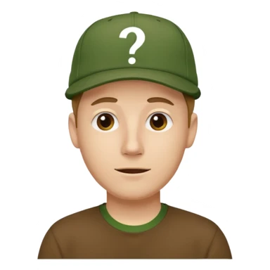 white fat man with brown cap and green t shirt printeed a question mark sticker