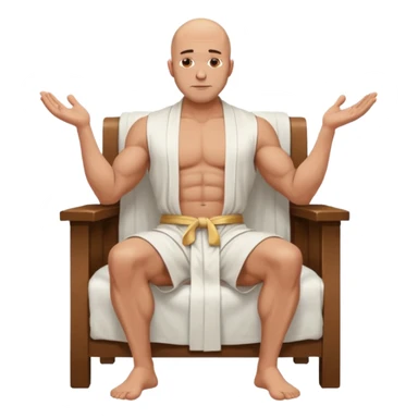 fullbody jacked bald guy, sleeveless and unbuttoned in full white robe sitting without chair and hands down sticker