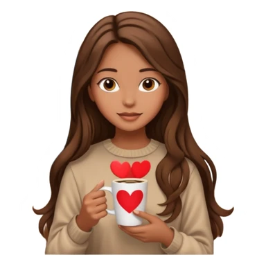 Un emoji de una chica con el pelo castaño y largo y suelto así como vestida como una that Girl y un café con dibujo de corazón y una cama aesthetic modo vida perfecta sticker