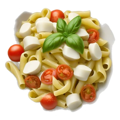 Maak een afbeelding van een bakje pasta pesto met tomaatjes, mozarella en kip sticker