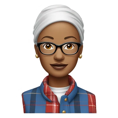 A bald aquiline nosed woman age 55, with protruding blue eyes that are crossed outward, wearing square plastic eyeglasses, a trucker cap, small hoop earrings, a plaid men's tuxedo with blue plaid overcoat red bowtie, red waistcoat and black pants sticker