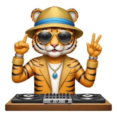 Un tigre con sombrero estilo cubano, una mesa de dj y gafas de sol. Una mano en la mesa de dj y la otra mano señalando al cielo a Dios. La otra mano encima de la mesa de dj por favor  sticker