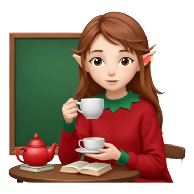 A delicate, elf-like girl with windswept chestnut hair, wearing an oversized sweater in signature black and red. sipping tea with a stack of books beside her sticker