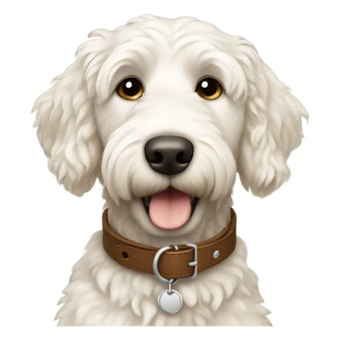 White golden doodle dog with brown leather collar sticker