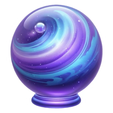 A glass sphere filled with swirling purple and blue dust, glowing softly, 3D. Use muted, calm purples and blues instead of bright neon tones, to create a harmonious and elegant look. sticker