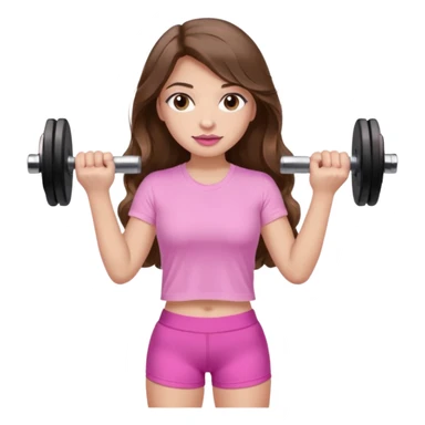 girl with wavy long brown hair, brown eyes, light to medium complexion, long lashes, light pink lipstick, wearing light pink shirt, lifting a pink dumbbells in a shorts top sticker