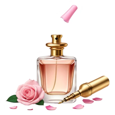 A vintage perfume bottle with a golden atomizer, surrounded by soft pink rose petals. sticker