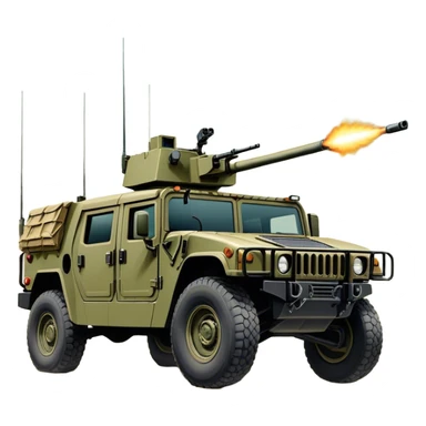 Humvee (2005) – Cinematic-realistic Humvee, its rugged olive-green frame bouncing over rough desert terrain. Soldiers grip their weapons tightly as the turret gunner scans the horizon, dust kicking up behind the armored vehicle under the blazing midday sun, with distant radio chatter crackling through the air. sticker
