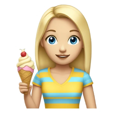 Girl with blonde hair, blue eyes, yellow striped shirt, holding vanilla ice cream cone sticker