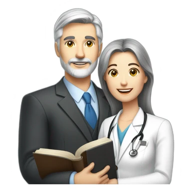 husband classy caucasian partly gray hair trimmed beard wearing business suit holding bible, with wife asian age 55 dark hair nurse uniform, no children sticker