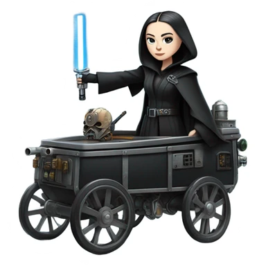 Wednesday Addams Jedi bounty hunter driving a modern blue and pewter steampunk electric wagon sticker