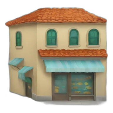 Isla con dos palmeras y un negocio en el centro sticker