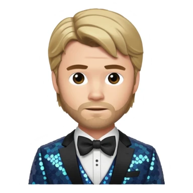 Chris Hemsworth with dark blonde hair, slate sequin suit with bow tie sticker