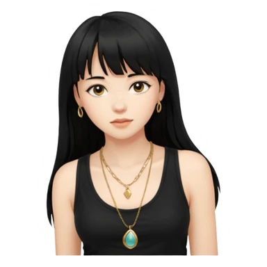 alrighht here’s just the person described for your emoji ai prompt:

> young woman, long black hair with bangs, soft expression, wearing a black tank top and gold necklace, confident pose, natural beauty, warm lighting on face, slightly tousled hair



lmk if u want it more detailed or stylized 🔥
 sticker