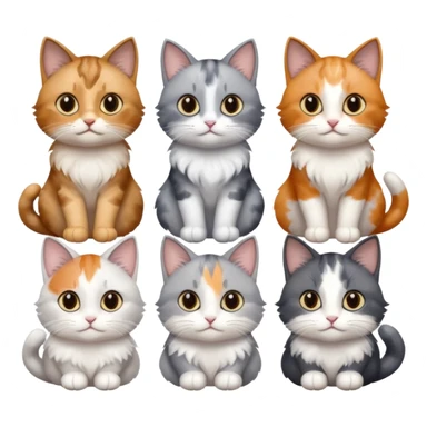 6 realistic looking cats with different natural coloured coats, assorted grey and white, greys, calico, brown and white colours etc
 sticker