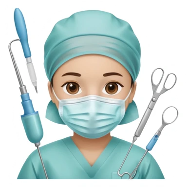 Surgeon in operating room with surgical mask and tools sticker