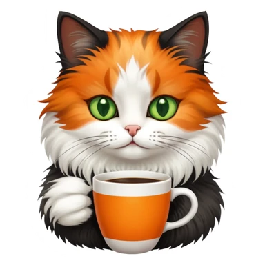 tricolor fluffy cat with big green eyes drinking a cup of coffee sticker