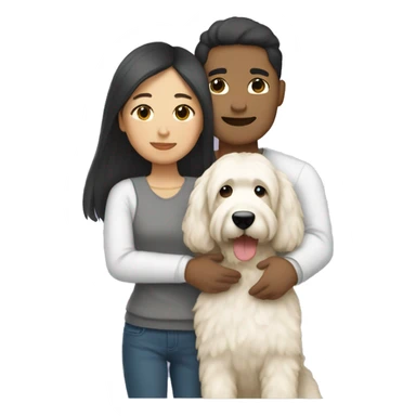 asian couple with straight hair hugging with a big white goldendoodle sticker